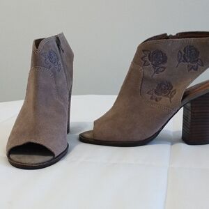 Lucky Brand Suede Peep-Toe Heeled Booties - Taupe